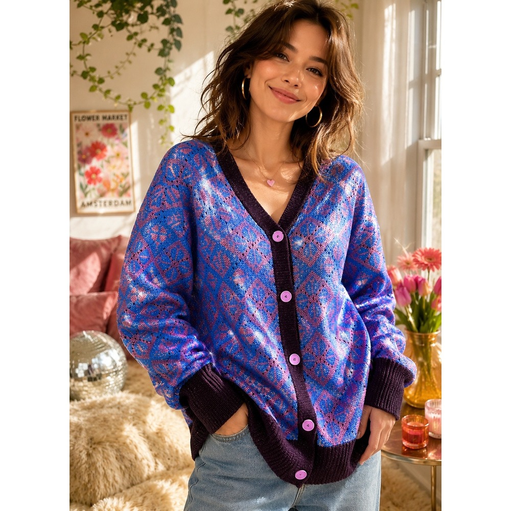 Kate Spade Oversized Geo Cardigan Sweater Blue Pink Metallic XXS